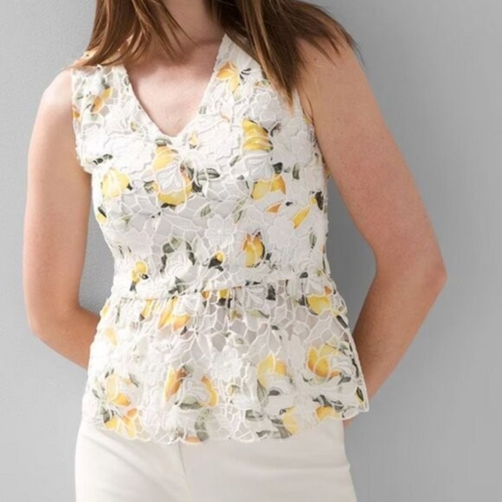 White House Black Market White Lace Peplum Floral Tank with Yellow Accents